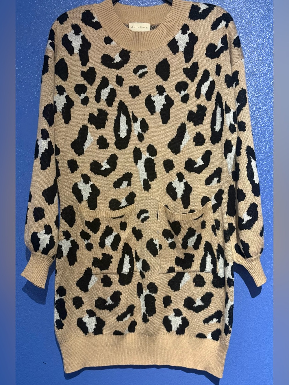 Leopard Print Crewneck Sweater Dress in Tan/Black - Unknown Brand